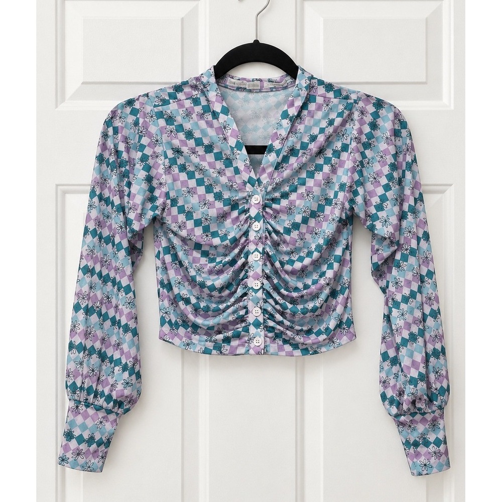 Urban Outfitters UO Checkered Floral Ruched Mesh Crop Top Purple Teal Small